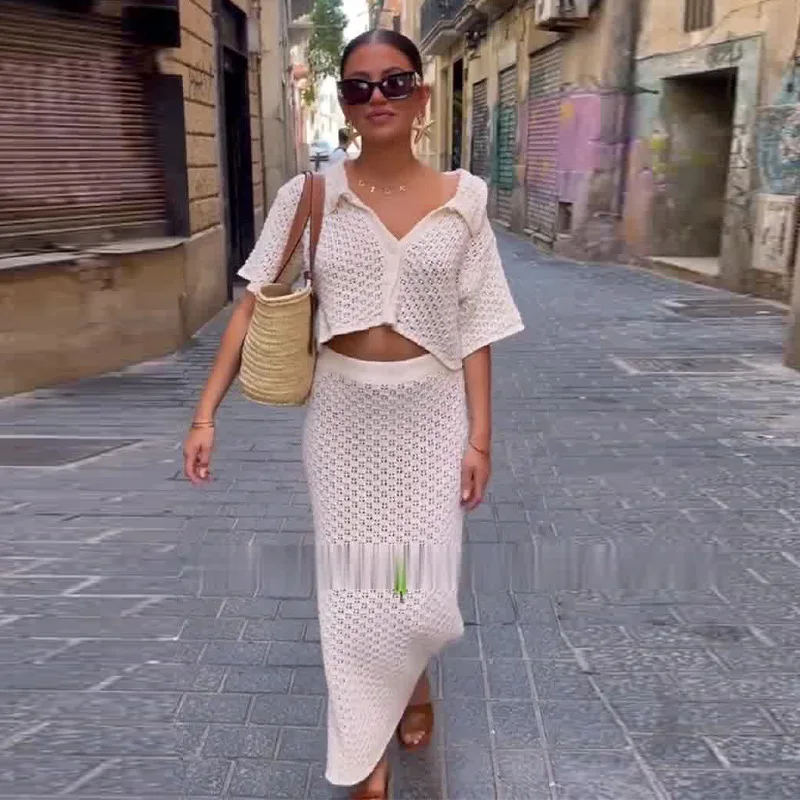 

Юбка до щиколотки с высокой талией, однотонный комплект из двух предметов, топ с отложным воротником, пуловер, повседневные свободные комплекты с вырезами