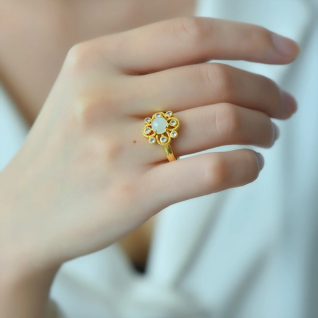 

Prong Setting Golden Hetian Jade Women's Rings Adjustable Accessories for Beauty Jewelry Branded Female Ring White Gemstone Ball