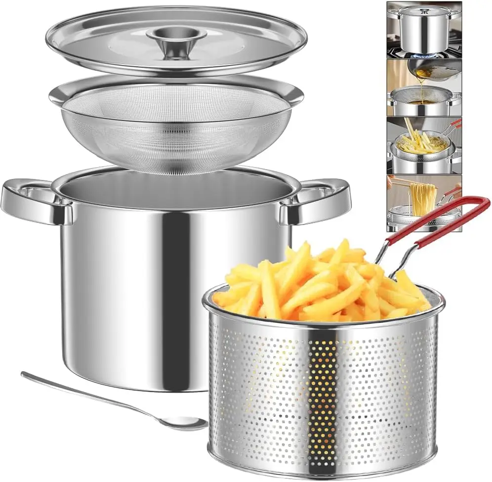 Stainless Steel Oil Filter Pan with Filter Frying Pan Double Ears with Frying Basket Cover Grease Storage