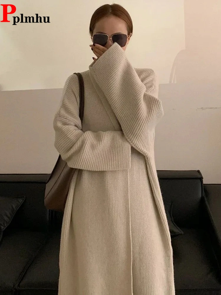 

Long Knitted Cardigan Thicken Fall Winter Loose Korean Fashion Sweater Coats Casual Knitewear Gilet Vintage Long Sleeve Tops
