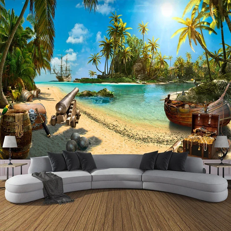 Custom 3D Wall Murals Wallpaper Home Decor Sandy Beach Coconut Trees Sea Island Landscape Photo Wall Painting Wallpapers Bedroom