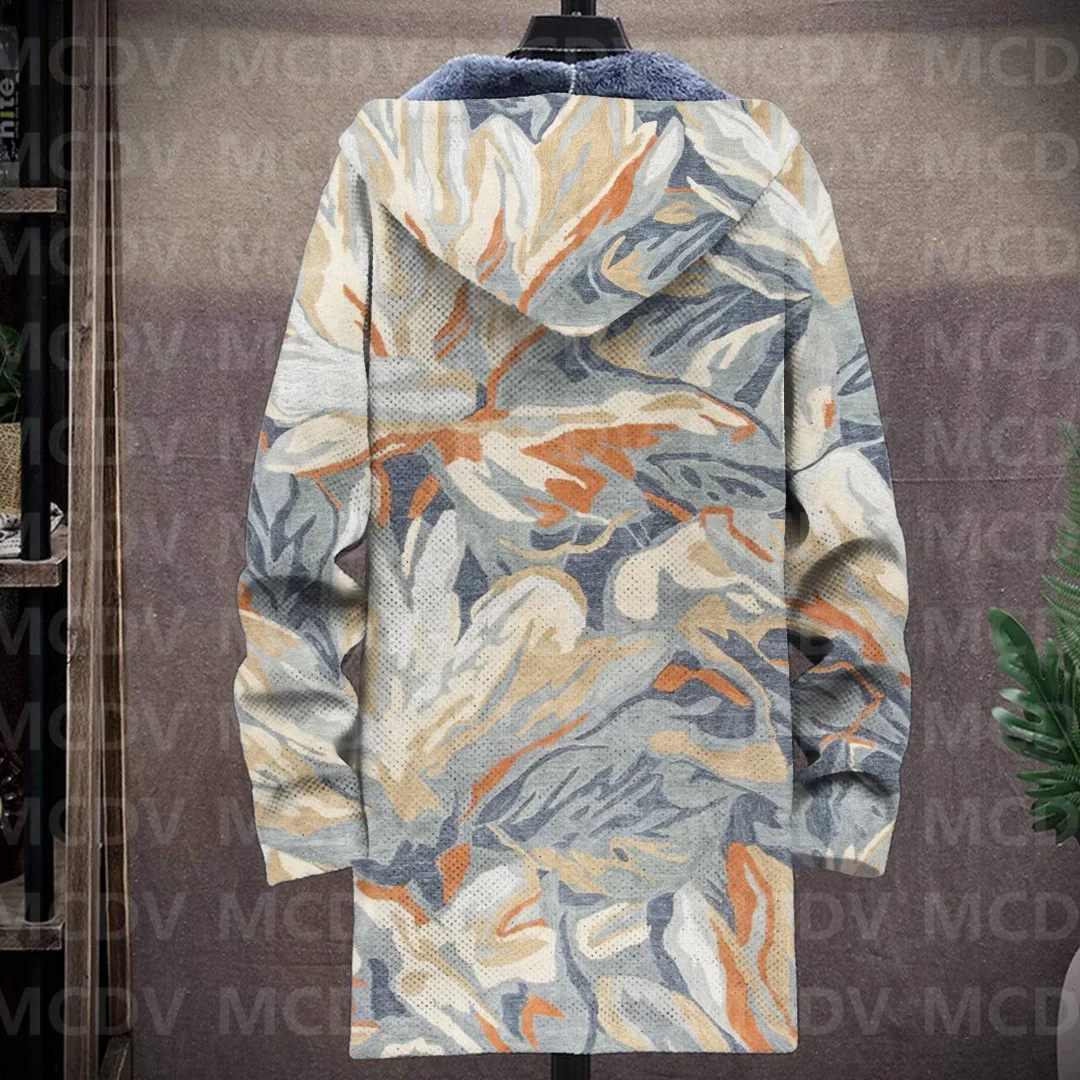 Men's Retro Pattern Print Plush Thick Long-Sleeved Coat Fleece Hooded Overcoat Unisex Thick Warm Jacket