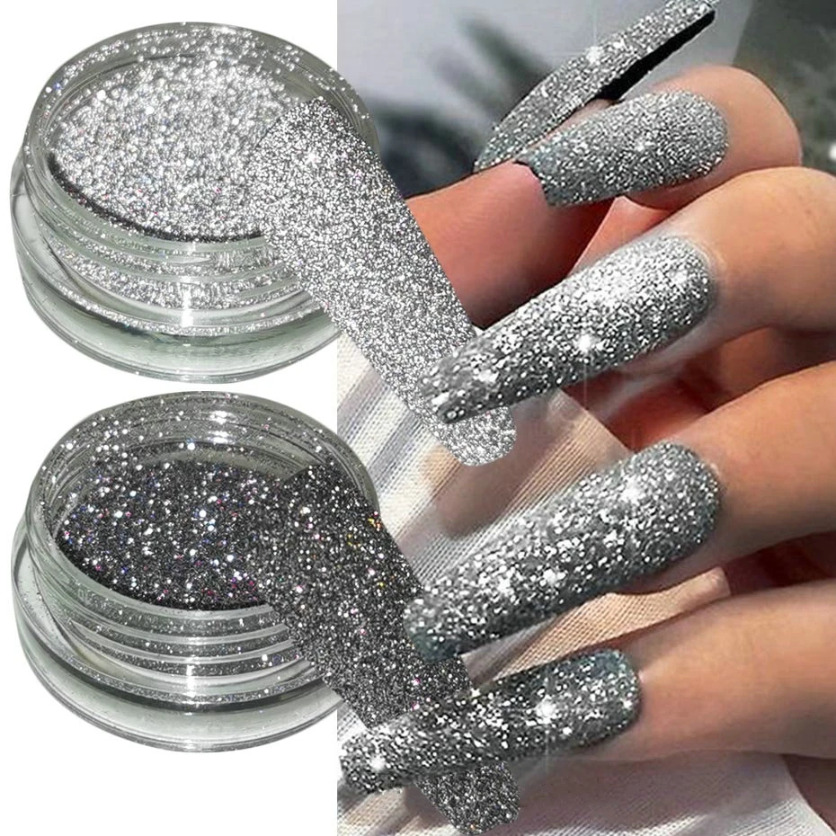 

1Box Sparkling Diamond Nail Powder Laser Silver Reflective Glitter Sequin Shiny Nail Dust Chrome Pigment DIY Manicure Decoration