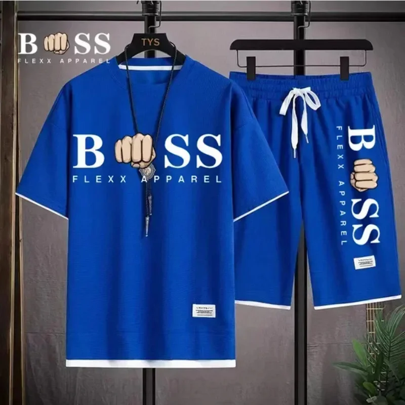 2024 Waffle Pattern 2 Piece Men Shorts Set Summer Tracksuit Men Fashion Clothing Harajuku Style Fashion Loose Fit Sweatsuit ﻿