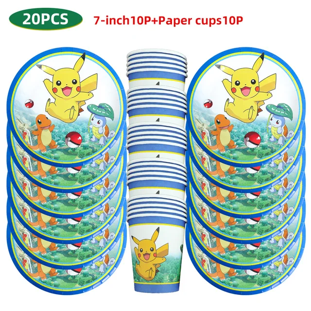 TAKARA TOMY Pikachu Pokemon Birthday Decoration Disposable Cutlery Cup Plate Napkin Tablecloth Bag Baby Shower Party Supplies 20PCS