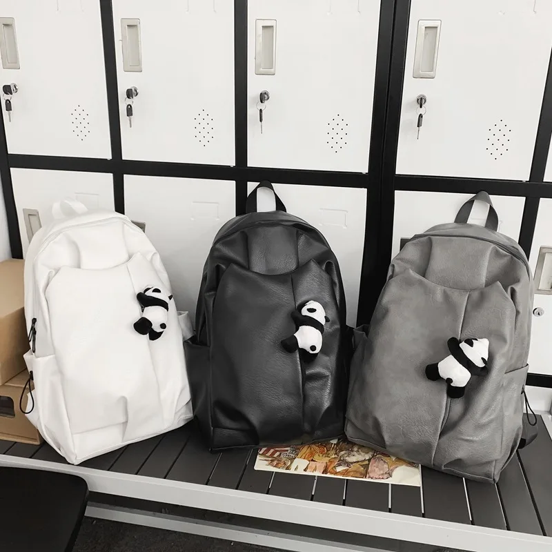 Cute Panda Pendant Women Man Backpack Pu Leather Men's Backpacks Girl Black White Back Pack Laptop Bag Large Capacity Travel Bag 2