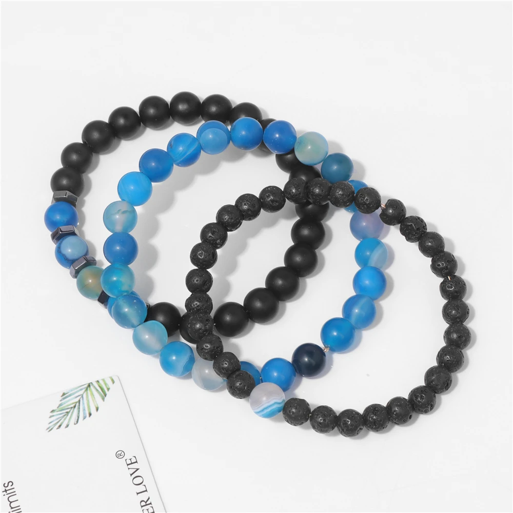 Blue Agates Beads Bracciale Set Per Uomo 3 Pz/Set Black Lava Rock Matte Onyx Glass Ematite Stretch Bracciale Yoga Pulsera Hombre