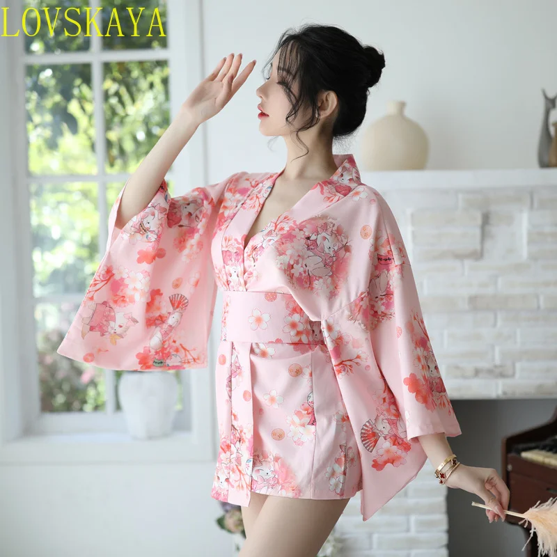 New tempting Japanese printed kimono provocative nightgown bathrobe set