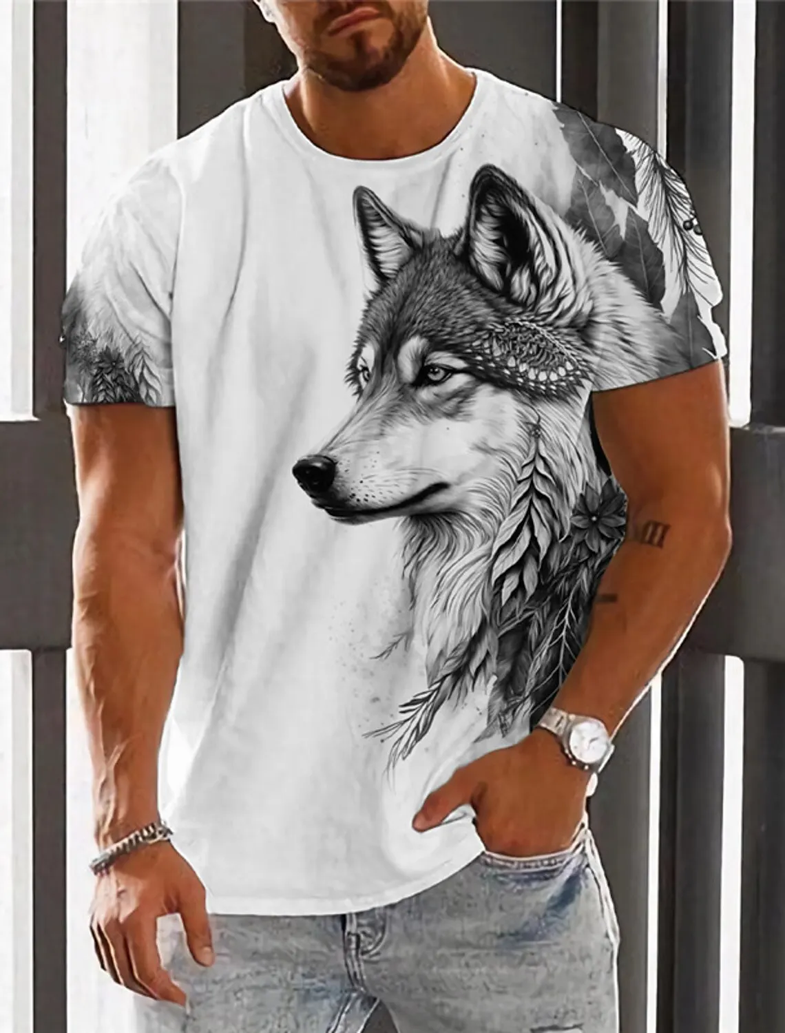 Men's Wolf Graphic T-Shirt - 3D Print Short Sleeve Casual Tee, Novelty Animal Design Streetwear Top - View #11