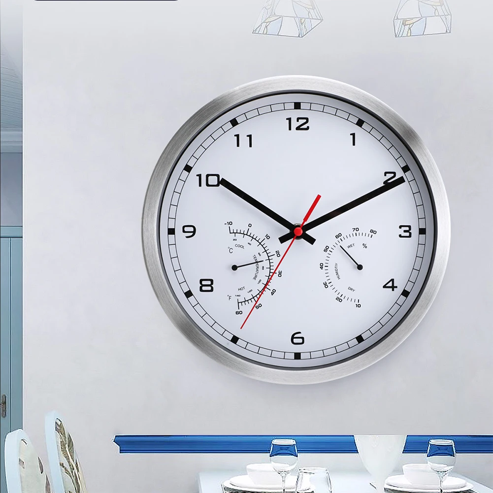 Battery Operated Wall Clock with Silent Movement and Temperature Humidity Display 10 Inch Aluminum Frame Design