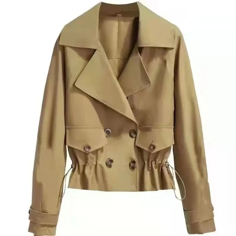 

2023 New Spring Short Coat Women Korean Wild Khaki Trench Double Breasted Lapel Ladies Outwear Black Windbreaker Lined 4XL Y1221