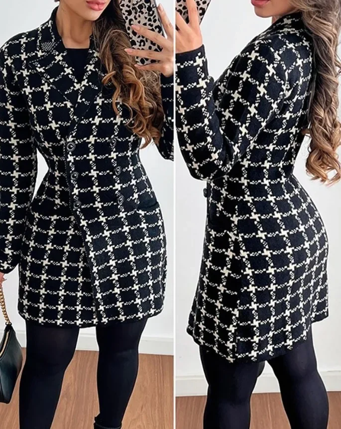 Blazer Woman Autumn Fashion Plaid Print Double Breasted Elegant Notched Neck Long Sleeve Casual Daily Medium Length Blazer Coat