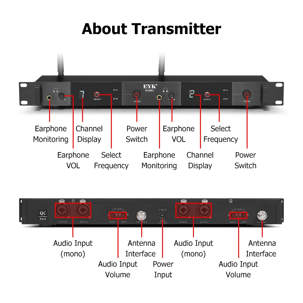 EYK IEM-82 Wireless In Ear Monitoring System UHF Dual Channel Realtime Monitor With 16 Frequency Selectable For Singer Live Show