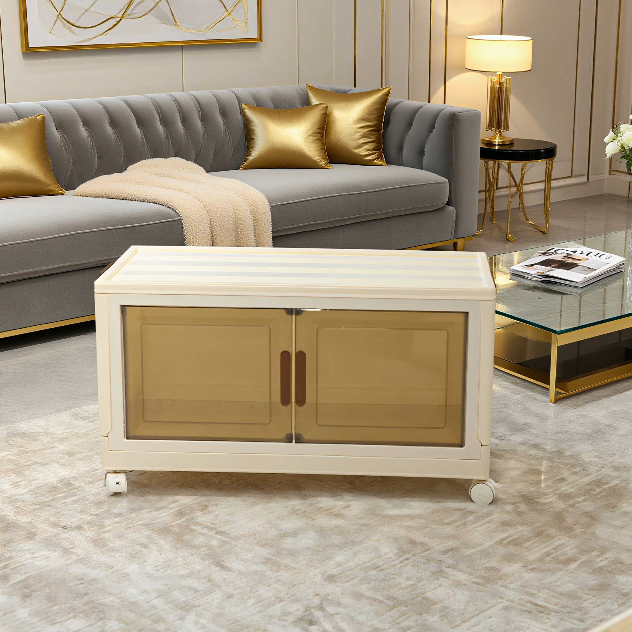 1/5 layer folding storage cabinet, transparent magnetic door + universal wheels + stackable design, hand-assembled.