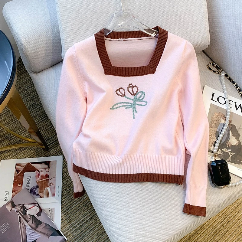 

2023 Women's Autumn Winter The Flowers Embroidery Square Collar Color Contrast Knitwear Sweater Vintage Long Sleeve Knitted Top
