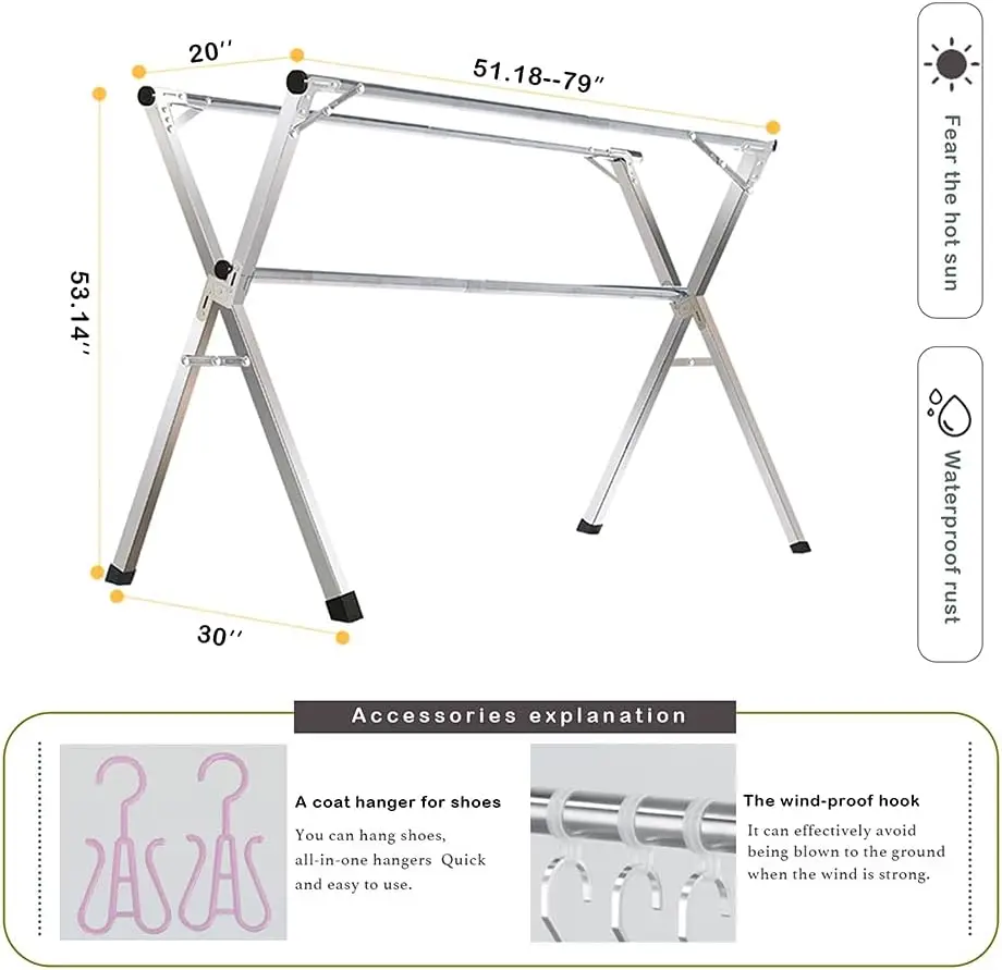 Clothes Drying Rack for Laundry Foldable, 79 inch Stainless Steel Pool Towel Rack Outdoor Free Standing Clothing Hanger Indoor 6