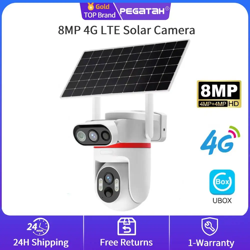 4G LTE Solar Camera, 8MP Ultra HD, 100% Wireless, Dual-Lens PTZ Auto-Tracking Color Night Vision, Dual PIR, IP66, No WiFi Needed