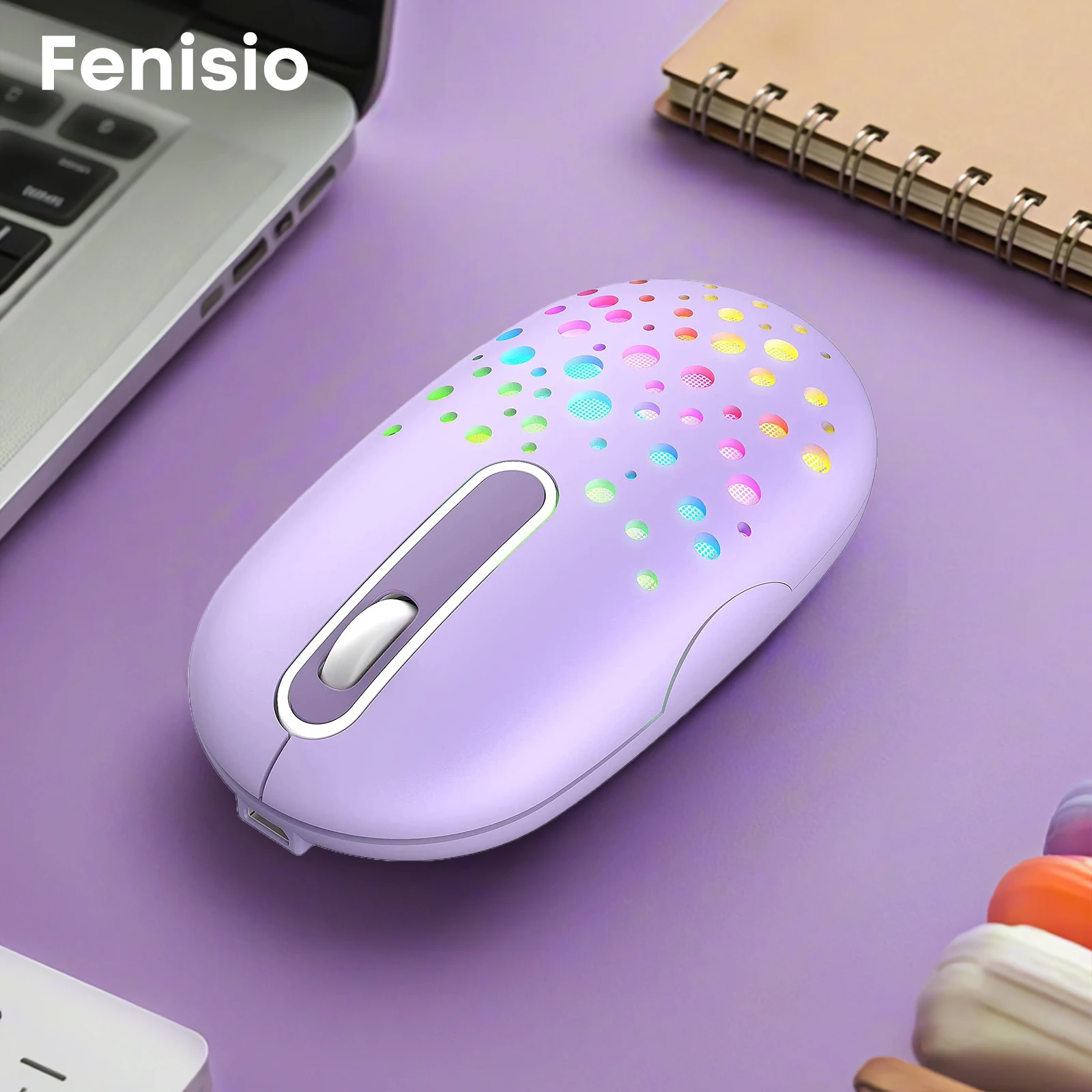 Wireless Mouse Bluetooth Rechargeable RGB Hole Mouse 15 LED Modes Silent Click 2400 DPI Ergonomic Design Portable for Laptop PC