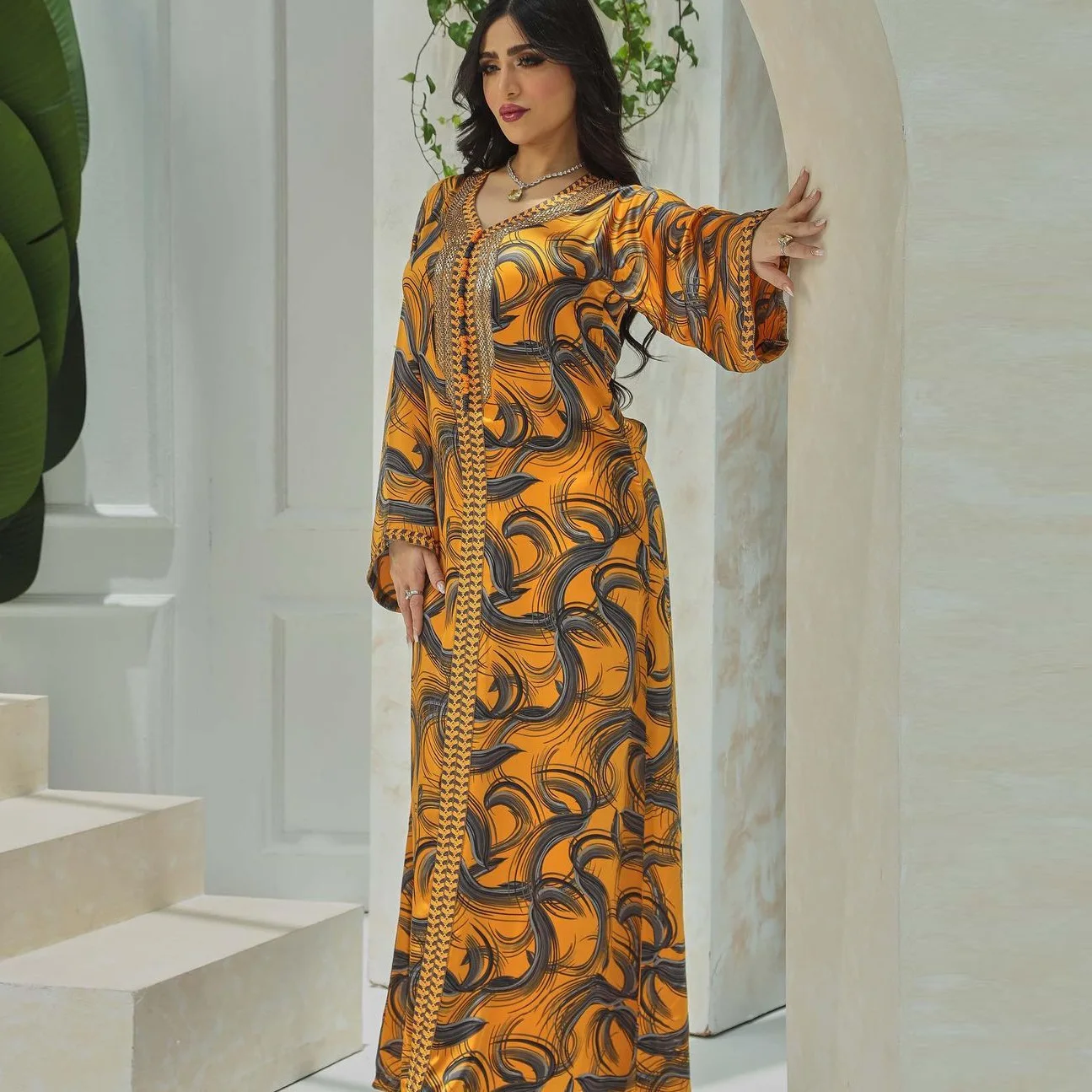 Dubai Abaya for Women Print Dress Diamonds Tape Trim V-Neck Kaftan Moroccan Robe 2024 New Ramadan Ladies Turkish Dresses
