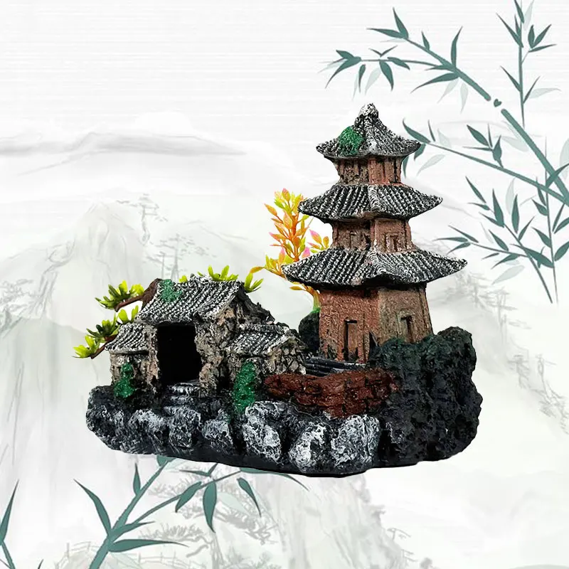 

Аквариумное украшение, Реалистичная фигурка двора и башни, улучшает водную красоту, Ландшафтные украшения из смолы