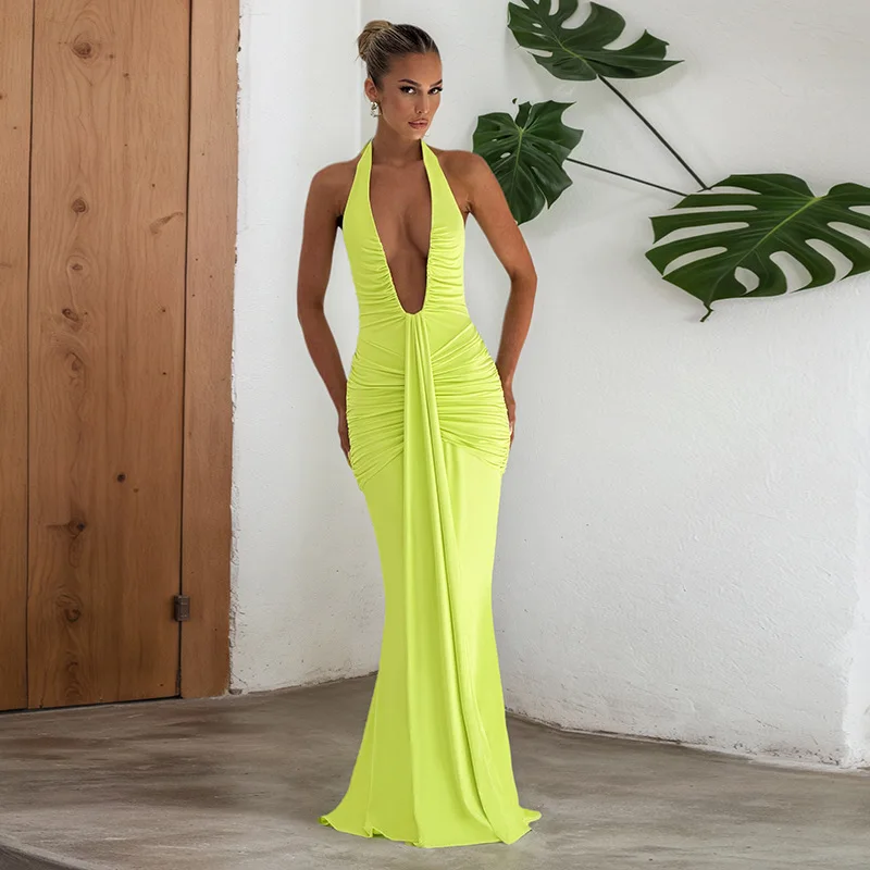 Vestidos largos de chiffon con encaje en escote en V profundo y espalda descubierta Naranja