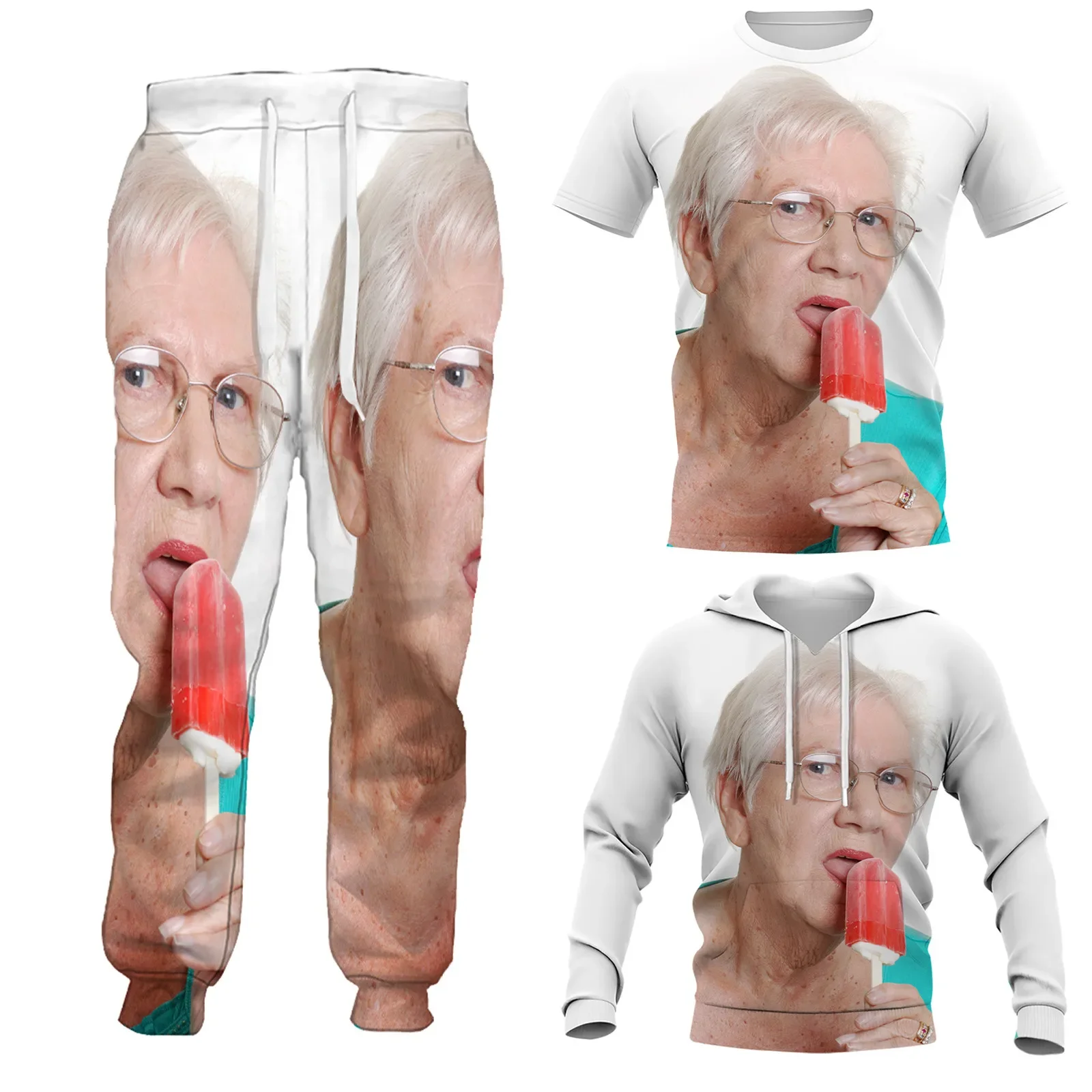 

HX Grandmother Funny Clothing Fashion Senior Lady Red Popsicle 3D Printed T-shirts Sweatshirts Hoodies Sports Pants Mens Sets
