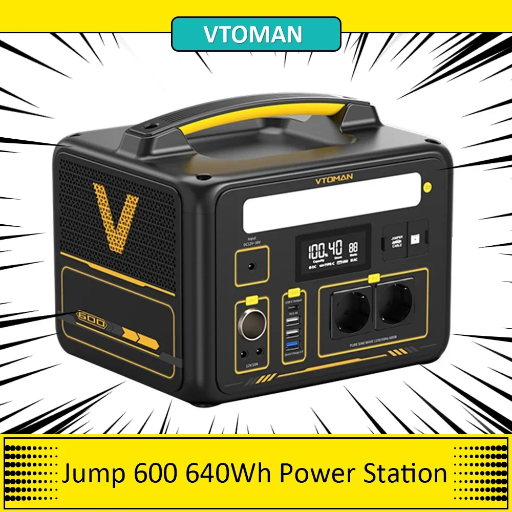 Vtoman Jump 600 Centrale Elettrica Portatile, Generatore Solare A Batteria Lifepo4 Da 640Wh All'Aperto, Prese Ca A Onda Sinusoidale Pura Da 600W, 9 Po