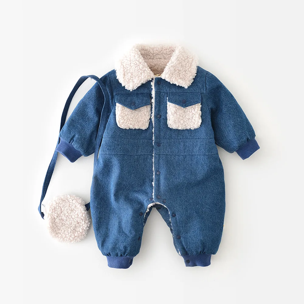 

Winter Newborn Clothes Baby Fleece Romper Turn-down Collar Patchwork Long Sleeve Infant Boy Girls Denim Jumpsuit Thick One Piece