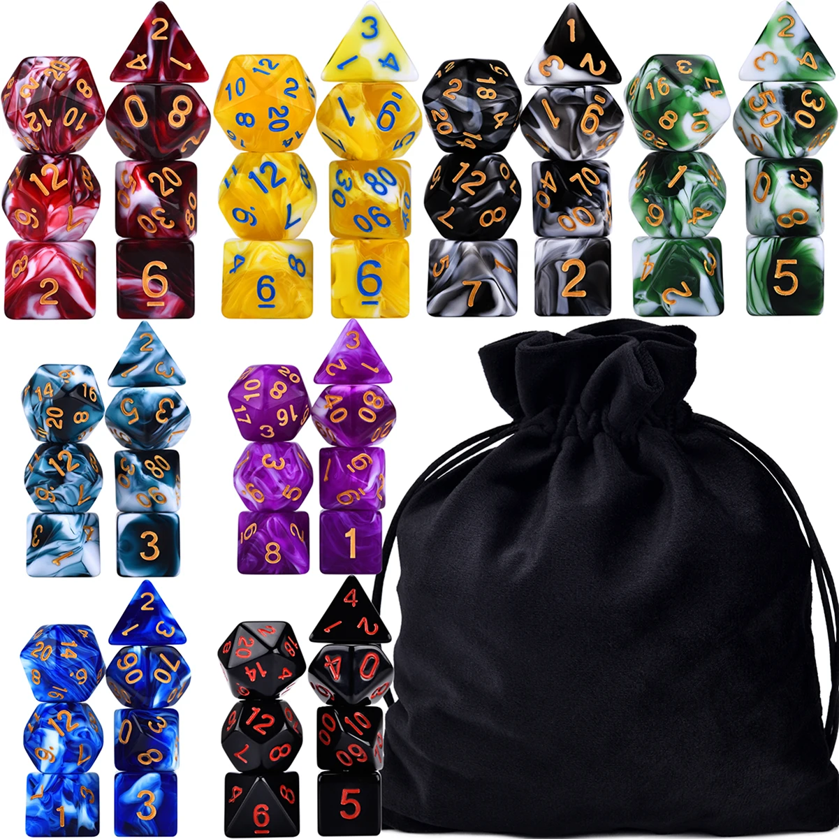 

56 Piece Polyhedral Dice Two-tone Swirl 7-Die Set for Tabletop Games DND D4 D6 D8 D10 D% D12 D20