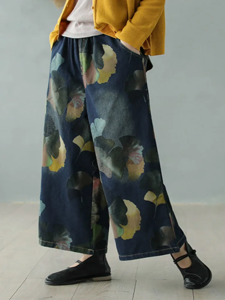 Amax luluE 2025 printemps femme mode grande taille jean Floral Denim pantalon à jambes larges femmes ample Vintage décontracté imprimé pantalon