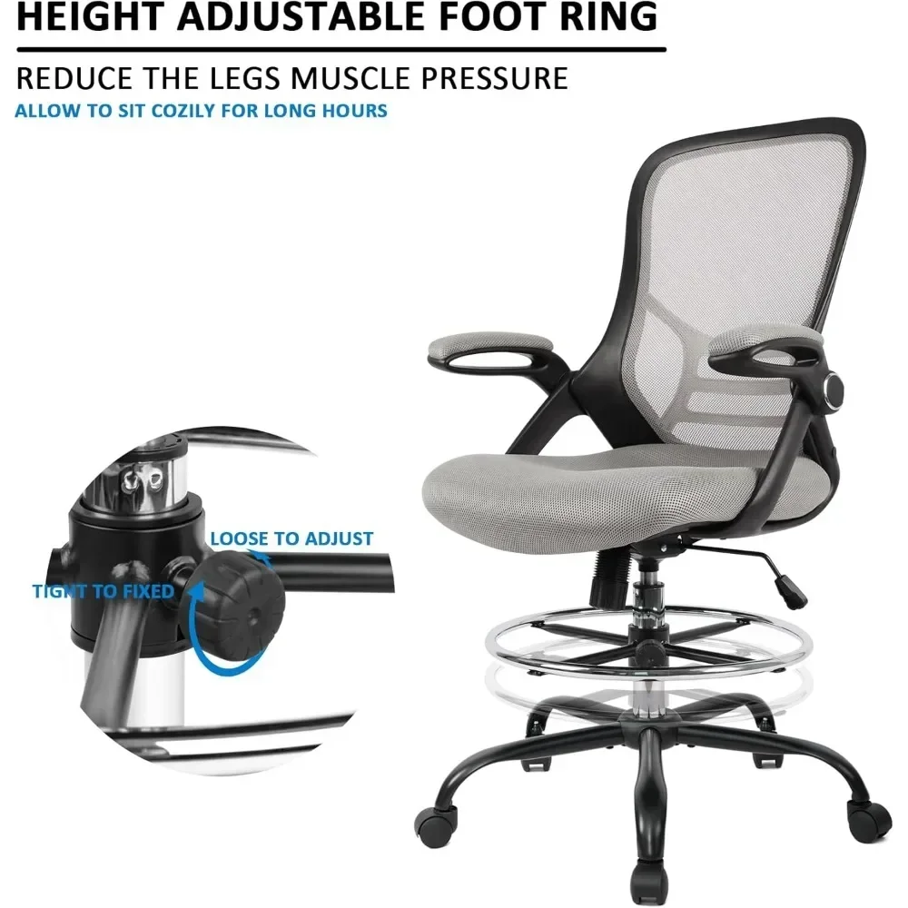 "ergonomic high-back mesh drafting chair with flip-up armrests and adjustable footrest for standing desks"