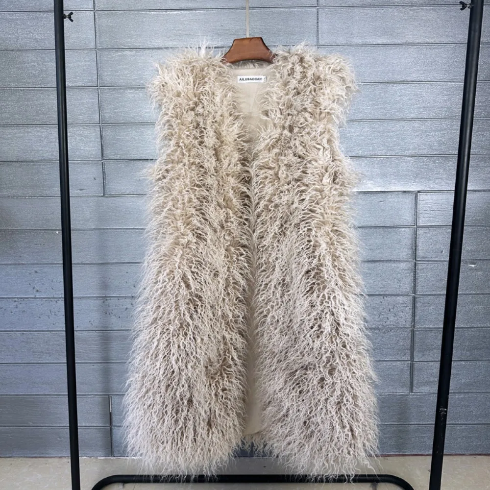 Gilet Lungo Donna In Pelliccia Sintetica, Senza Maniche, Aperto, Cardigan Autunno Inverno, Marrone - 2