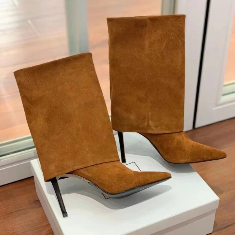 2022 European and American Fashion New Style Slim Heel Mid Rise Boots Pointed Solid High Heel Fashion Shoes Trouser Boots