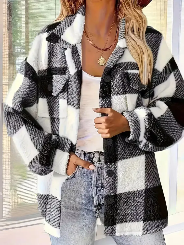 Abrigo a cuadros con botones y solapa abierta para otoño e invierno en Europa y Estados Unidos, chaqueta con botones frontales y diseño a cuadros, cálida.