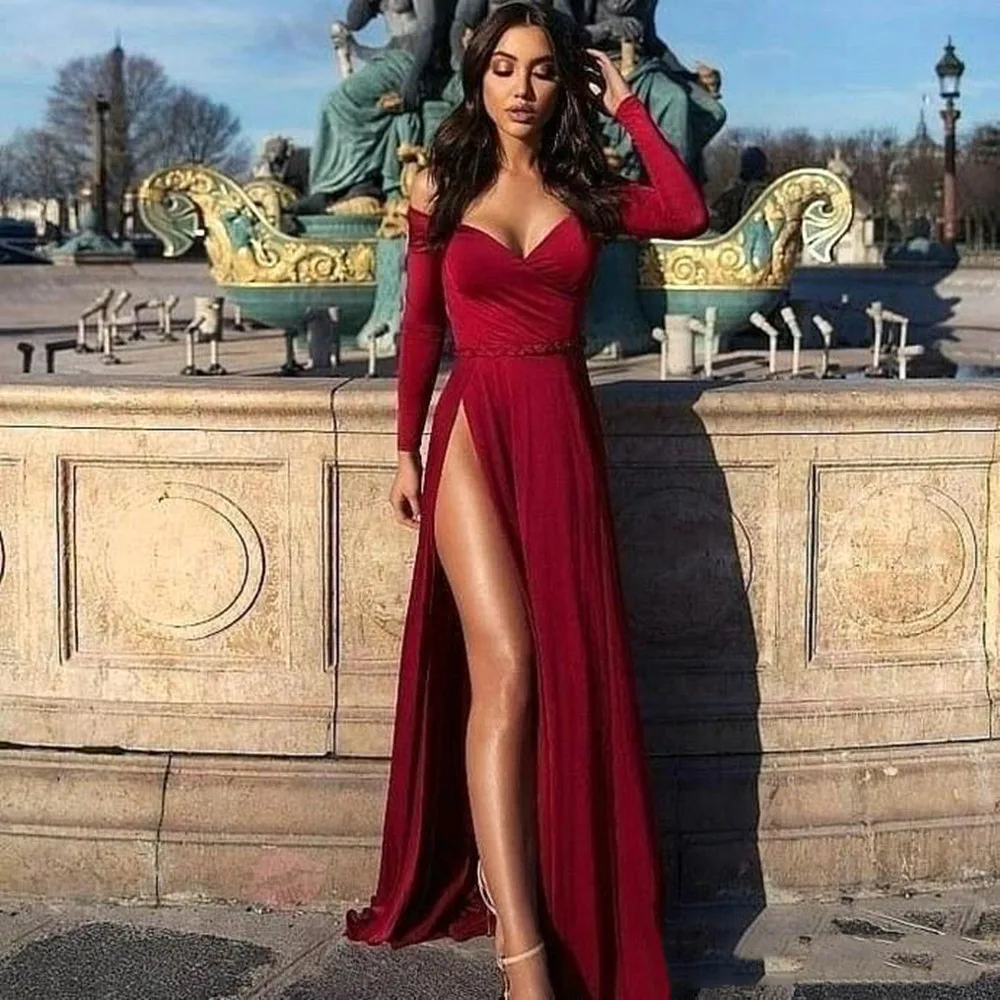 

Sexy Burgundy A-line Prom Dress 2022 Long Sleeve Formal Party Evening Plus Size High Slit Pageant Gown Custom Made
