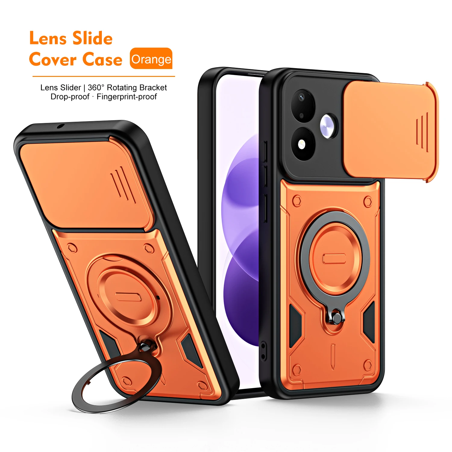 Rugged Armor Shockproof Case with Slide Camera Lens Protector and Metal Ring Stand