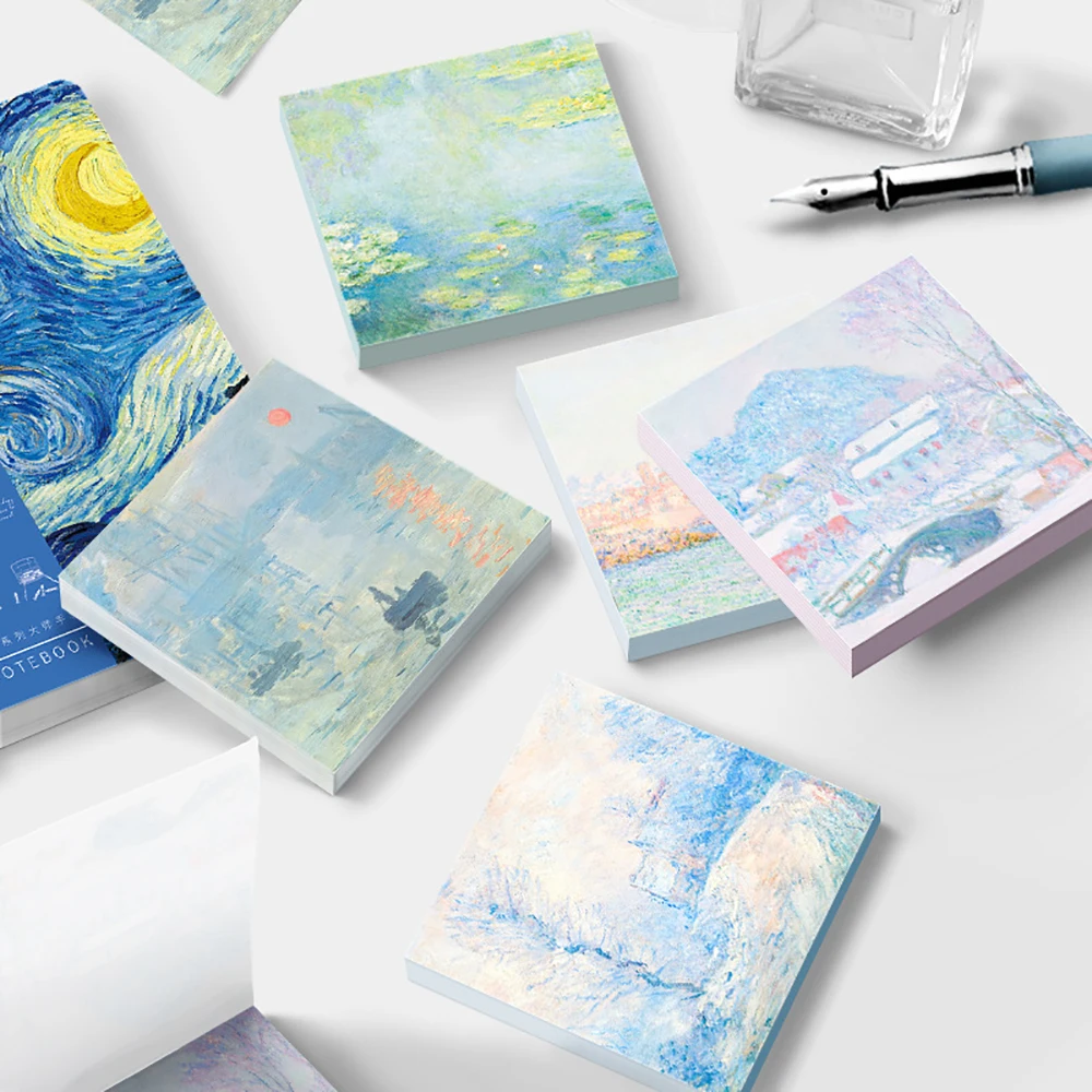 

50 Sheets Van Gogh Monet Oil Painting Series Memo Pads INS Style Starry Night, Sunflower Sticky Notes Stationery