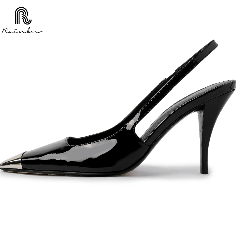 RAINBOW Size 34-39 Genuine Leather Women Sandals High Heels Shoes Summer 2025 Backless Metal Square Toe Sexy Party Office Lady 3