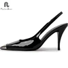 RAINBOW Size 34-39 Genuine Leather Women Sandals High Heels Shoes Summer 2025 Backless Metal Square Toe Sexy Party Office Lady 3