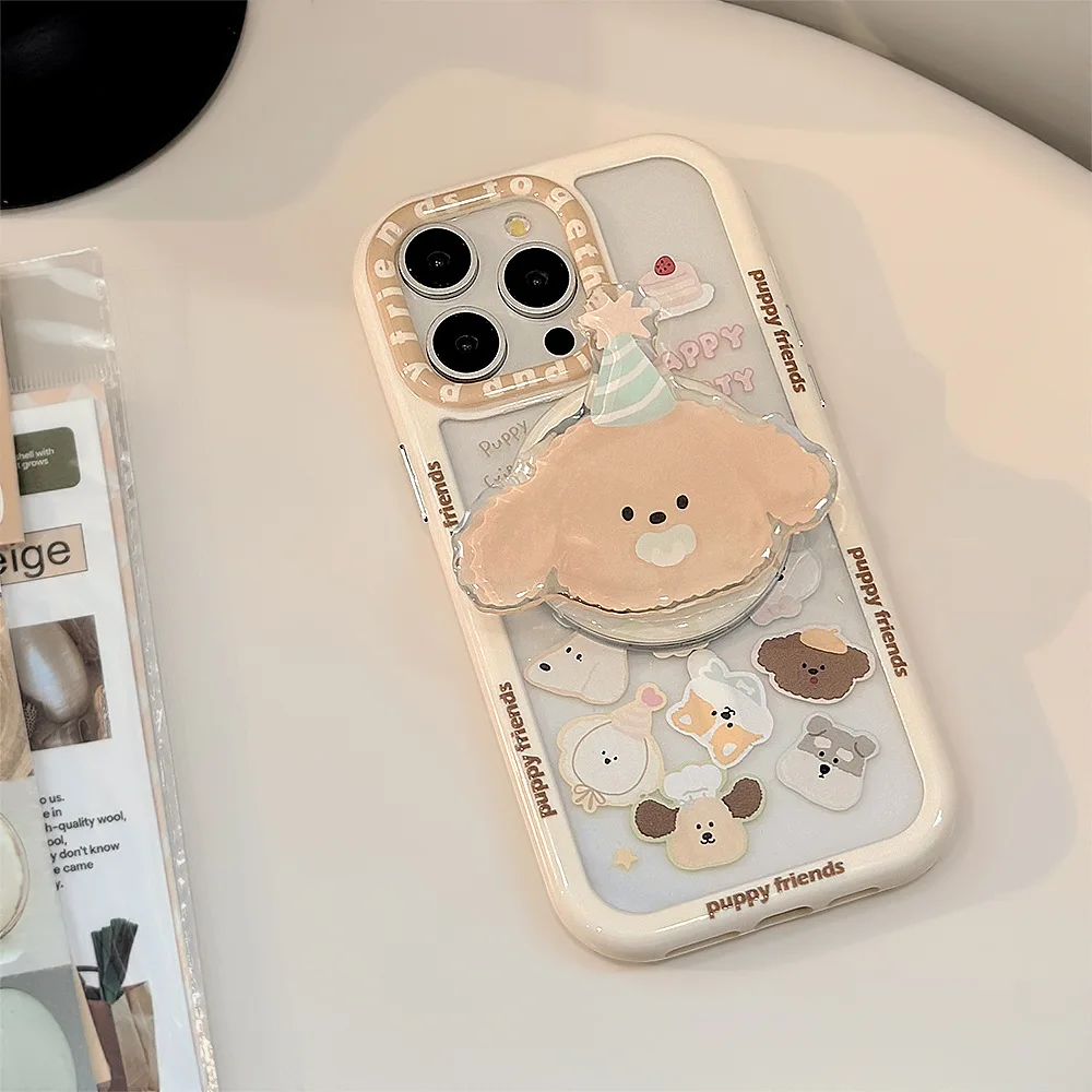 Clear Magnetic Phone Case with Cartoon Puppy Design and Chain