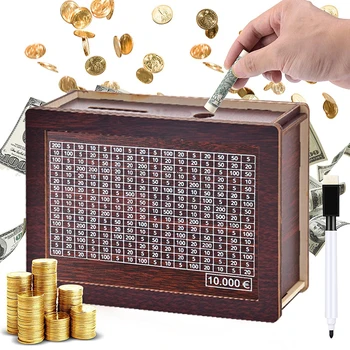 Hucha de madera de 1000/3000/5000/10000 euros, hucha con caja de dinero reutilizable con portería de ahorro y cajas de números, manualidades DIY
