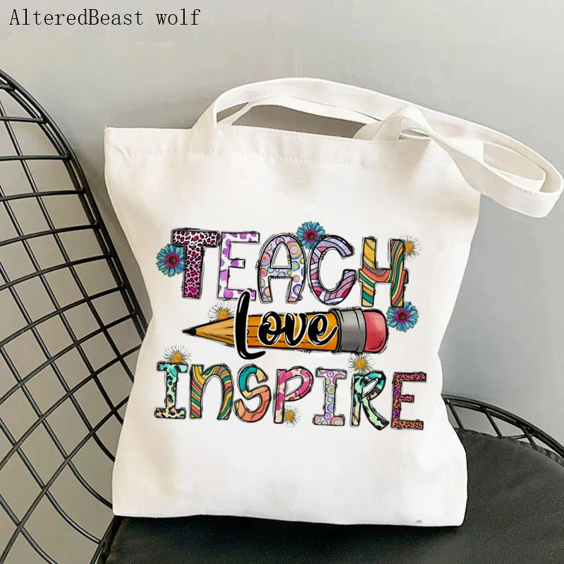 Women handbag Super teacher Leopard Printed Kawaii bag Harajuku Shopping Canvas teacher supplies Bag Tote Shoulder Lady Bag