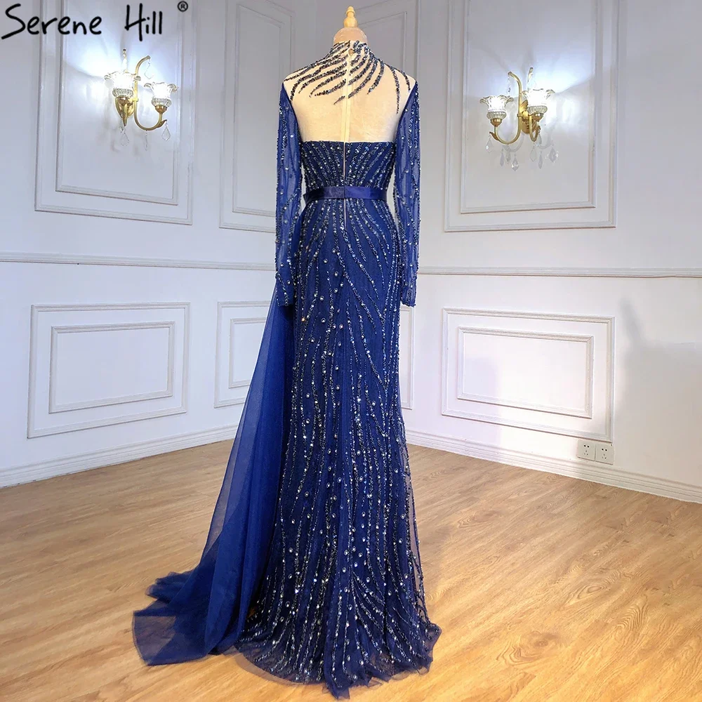 chinese dress ladies Plus Size Navy Sequin Applique Illusion Neck Mermaid Jersey Prom Dress