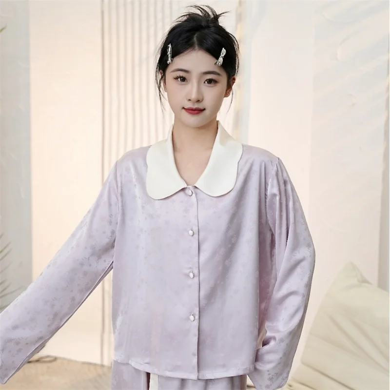 Women Pajamas Nightwear Little Purple Fragrance Long Sleeved Shirt And Trousers Ice Silky Solid Color Casual Smooth Sleepwear