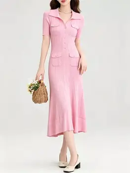 Abito in maglia francese con colletto polo da donna, estivo, a maniche corte, slim, lungo, elegante, casual, da festa, midi, vintage, da ufficio