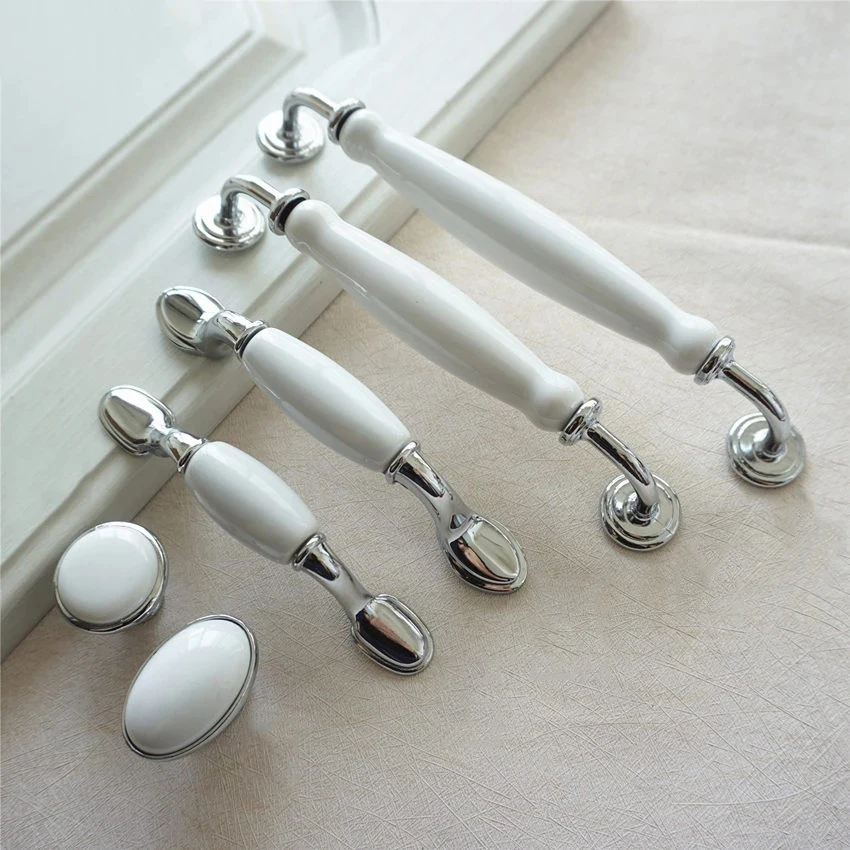 White Ceramic Chrome Cabinet Handles 1