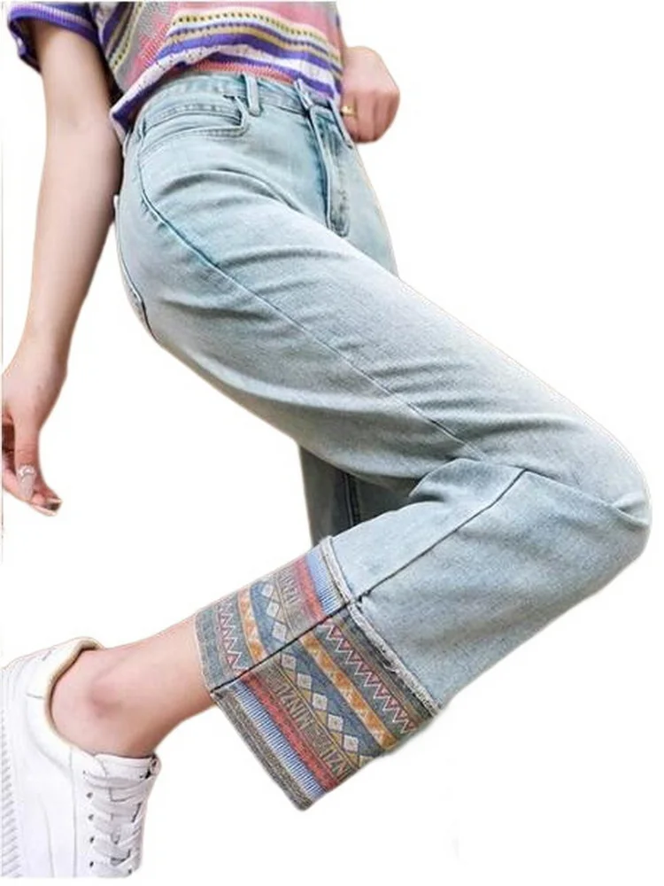 

Jeans Women Embroidered Straight Jeans Summer Thin Patchwork Smoke Pipe Pants