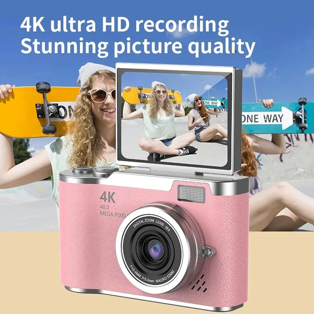 HD 4K 디지털 카메라, 2.4인치 플립 스크린 셀카 비디오 레코더, 브이로그 초보자용, 여학생 필터, 전문가용 선물 카메라