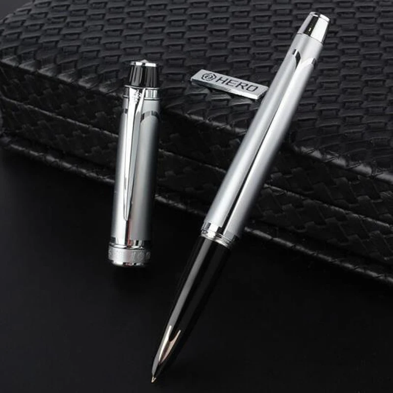 Hero 100 14K Gold Nib Fully Metal Classic Fountain Pen Arrow Mark Authentic Silver Ink Pen Writing Gift Set Business