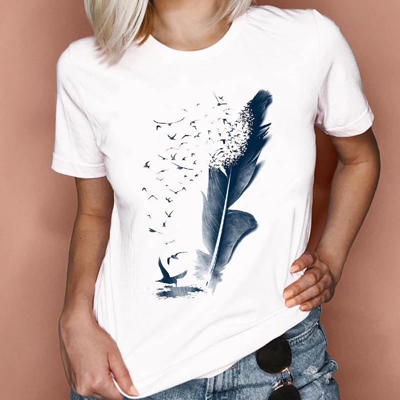 100% Cotton Women Graphic Feather Printing Fashion 90s Cute Watercolor  Short Sleeve Lady Clothes Tops Tees Print Female T-Shirt
